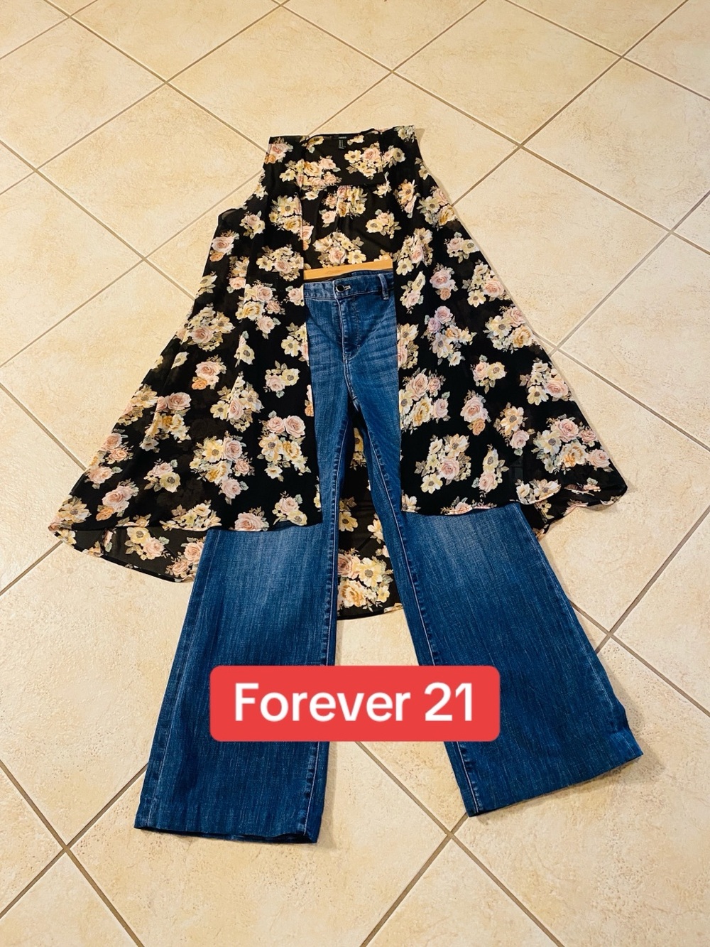 Forever 21 Black Floral duster with Cream & Pink Blooms
